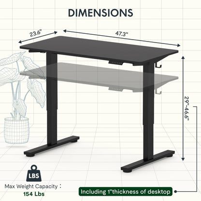 48"X24" Whole-Piece Desktop Height Adjustable Standing Desk Black Ergonomic Home Office Computer Desk with 2 Hooks