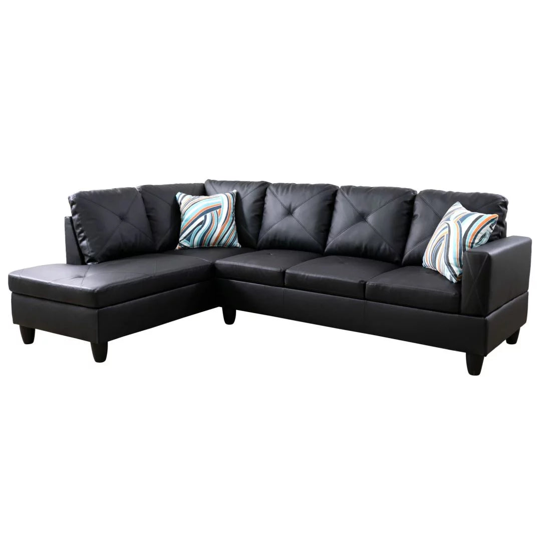 Faux Leather 4-Seat Couch Living Room Sofa Set, L Shaped Couch Sofa Set, Chaise Lounge Sectional Sofa for Home, Apartment, Dorm, Black(Without Ottoman)