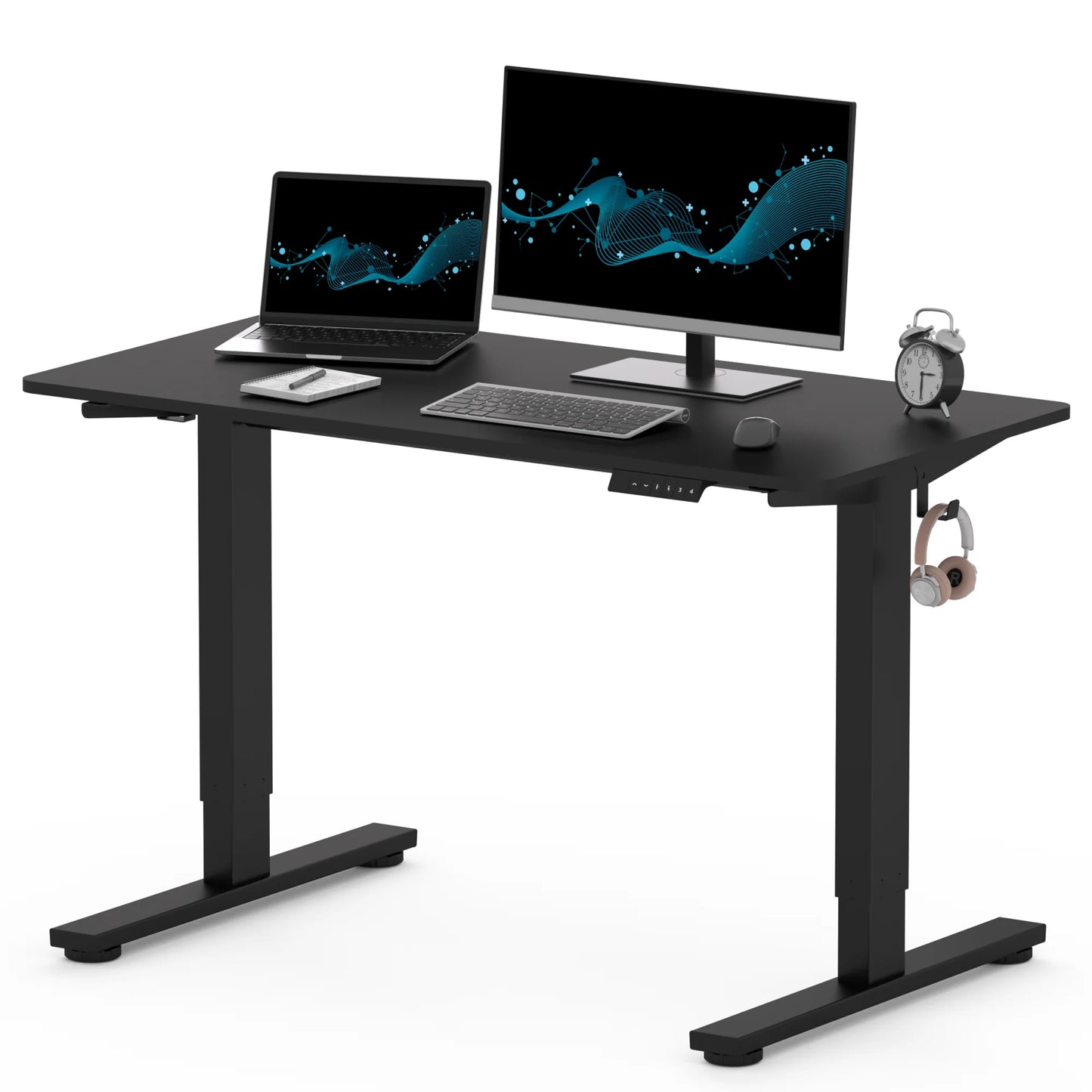 48"X24" Whole-Piece Desktop Height Adjustable Standing Desk Black Ergonomic Home Office Computer Desk with 2 Hooks